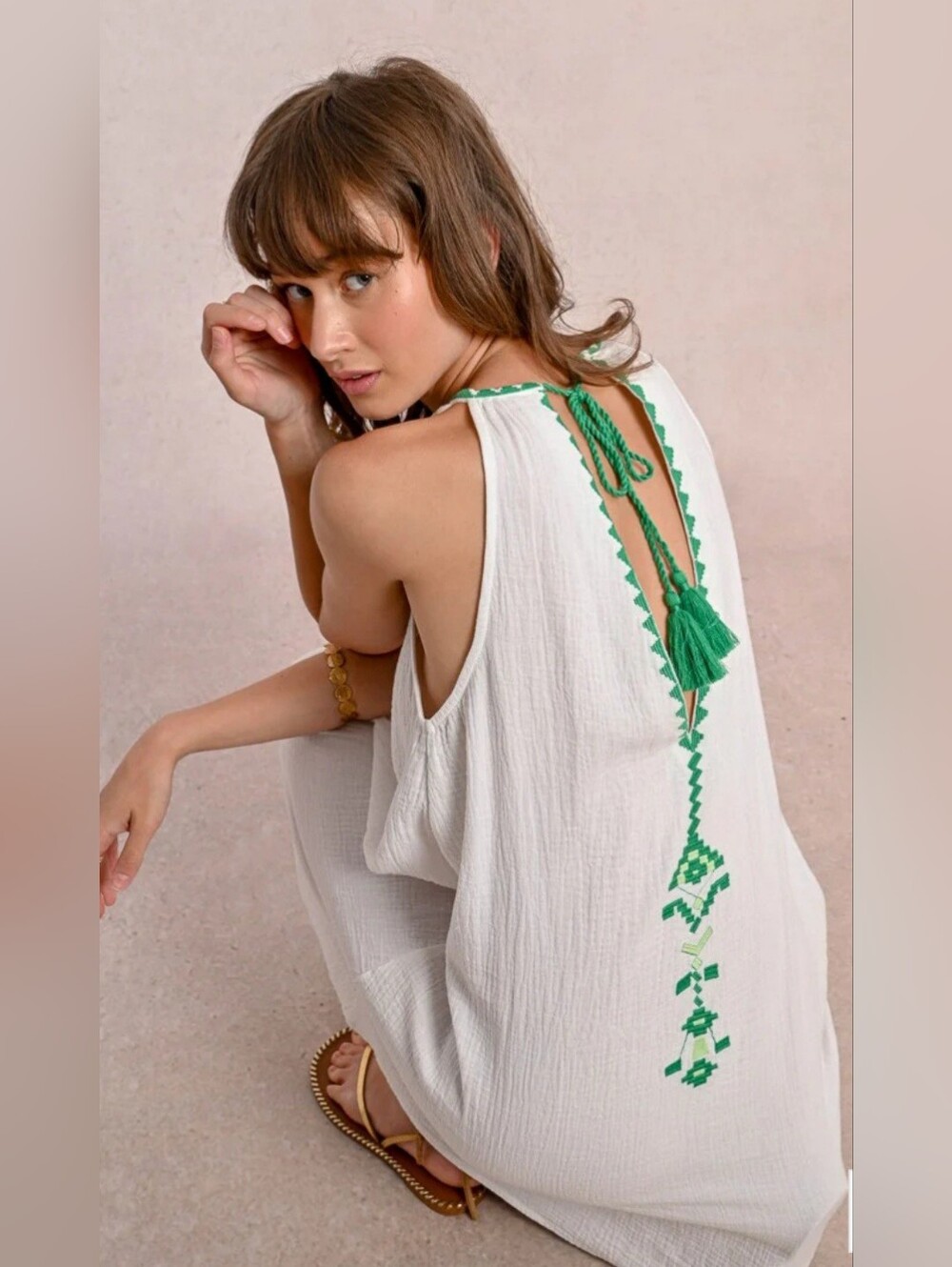 Molly Bracken White Halter Poplin Dress With Green Embroidery Small